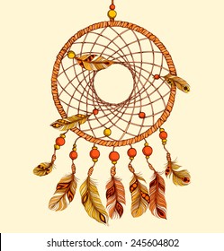 Ethnic dream catcher with feathers. American Indian style. Isolated on white background. Vector illustration.