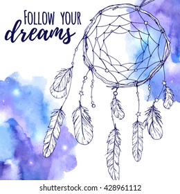 ethnic dream catcher with feathers; american Indian style; hand drawn vector illustration in sketch style on magical blue watercolor background