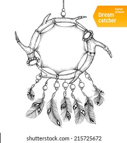 Ethnic dream catcher from two elks horns with feathers. American Indian style. Isolated on white background. Vector illustration.