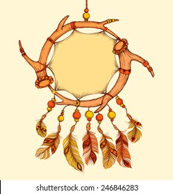 Ethnic dream catcher from two elks horns with feathers. American Indian style. Tribal card in sketch style. Vector illustration.