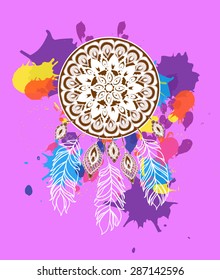 Ethnic Dreamcatcher with feathers and mandala on spotting ink