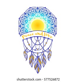 Ethnic Dreamcatcher with feathers and mandala. Vector illustration.