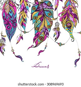 Ethnic dreamcatcher feathers with sketch abstract colored ornament vector illustration