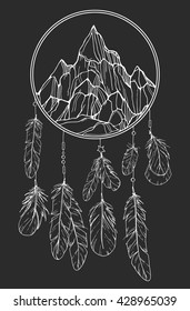 ethnic dreamcatcher with mountain and feathers; ornamental boho chic style element; hand drawn vector illustration in contour sketch style; tattoo template, hippie and hipster design