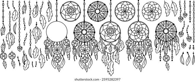 Ethnic Dreamcatchers Vector Line Art Design Elements Kit, Big Bundle of Mandalas, Feathers and Hanging Dream Catchers