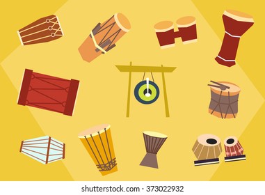 Ethnic drums - exotic percussion. Vector flat set. Stock illustration