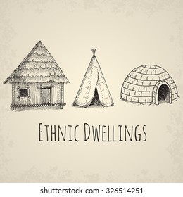 Ethnic dwellings. Hand drawn vector.