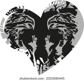 Ethnic eagle heart in black-gray tonality on white. Symbol of love for Valentine's Day, prints on T-shirts and textiles, fabric products, fashion trends, logos, emblems, cards, web icons, etc. Vector