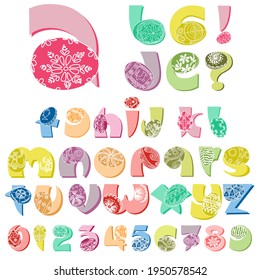 Ethnic Easter alphabet. Multicolored funny letters set from A to Z. Decorative patterns with lines