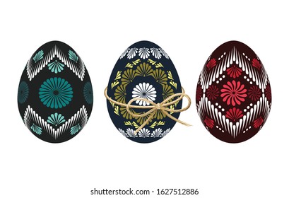 Ethnic Easter eggs wrapped with realistic linen twine vector illustration.