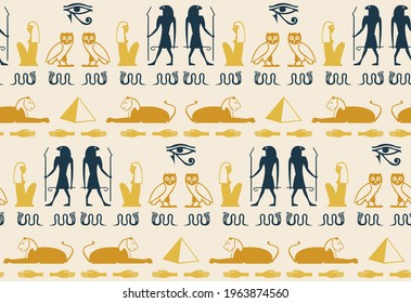 Ethnic egyptian hieroglyphics alphabet elements seamless pattern. Ra eye, sphinx, pyramid, hand, snake, woman, bird manuscript signs. Egyptian hieroglyphics culture icons vector wallpaper.