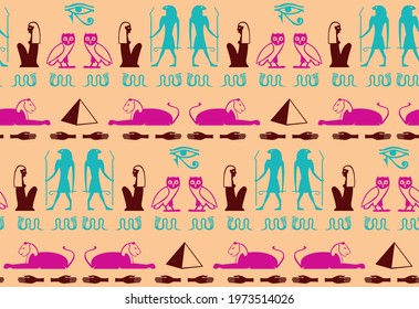 Ethnic egyptian hieroglyphics script elements seamless pattern. Sphinx, eye, snake, hand, bird, god Ra, Cleopatra papyrus icons. Egyptian hieroglyphics culture signs vector wallpaper.