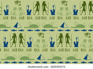 Ethnic egyptian hieroglyphics script elements seamless ornament. Man, Ra eye, pyramid, hand, snake, woman, bird archeology signs. Egyptian hieroglyphics civilization icons vector design.