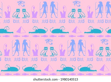 Ethnic egyptian symbols script elements seamless ornament. Ra eye, sphinx, pyramid, hand, snake, woman, bird manuscript signs. Egyptian symbols civilization icons vector wallpaper.