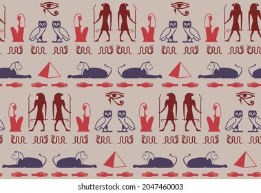 Ethnic egyptian symbols script elements seamless pattern. Pyramid, pharaoh, Ra eye, hand, snake, woman, owl mythology signs. Egyptian symbols culture icons vector design.