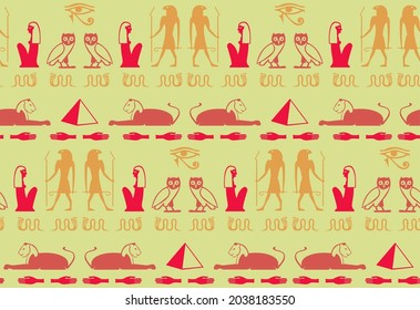 Ethnic egyptian writing alphabet elements seamless pattern. Pyramid, pharaoh, Ra eye, hand, snake, woman, owl archeology icons. Eegyptian writing culture signs vector wallpaper.