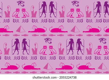 Ethnic egyptian writing alphabet elements seamless ornament. Ra eye, sphinx, pyramid, hand, snake, woman, bird history signs. Eegyptian writing culture icons vector wallpaper.