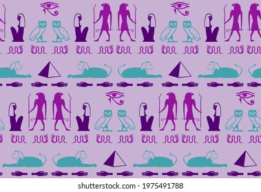 Ethnic egyptian writing script elements seamless ornament. Sphinx, eye, snake, hand, bird, god Ra, Cleopatra manuscript icons. Eegyptian writing culture signs vector wallpaper.