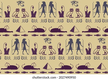 Ethnic egyptian writing script elements seamless ornament. Pyramid, pharaoh, Ra eye, hand, snake, woman, owl archeology signs. Eegyptian writing culture icons vector wallpaper.