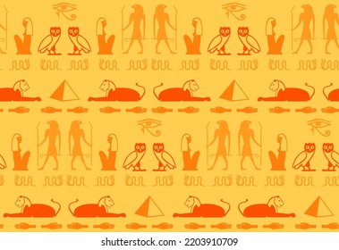 Ethnic egyptian writing script elements seamless pattern. Ra eye, sphinx, pyramid, hand, snake, woman, bird archeology icons. Eegyptian writing culture signs vector design.