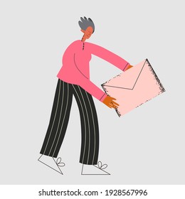 ethnic elderly man in the office receives an envelope letter.Business correspondence and notification concept.An old pensioner works as a manager.Trending textured flat style isolated