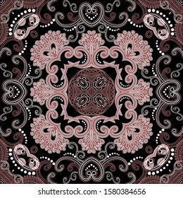 Ethnic elegance floral vector seamless pattern. Lace ornamental colorful background. Beautiful symmetrical repeat backdrop. Arabesque style ornament. Vintage lacy flowers, lines, swirls, shapes, dots.