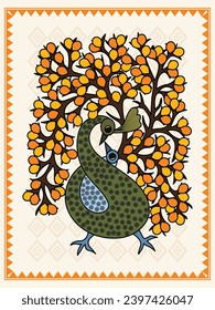 Elegancia étnica: Arte Madhubani que representa un hermoso pavo real macho y hembra con árbol. Muro Madhubani, Decoración Étnica De Casa, Pintura De Árbol De Pavo Real, Decoración Cultural Elegante, Artista Folclórica Indio.