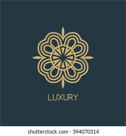 Ethnic elements of ancient civilizations. Vector  logo design template and emblems in trendy linear style. Linear Gold emblem on a colorful  background. Logo template for Cafe, Hotel, Restaurant