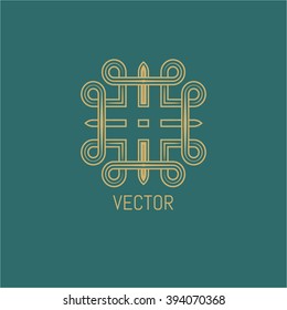 Ethnic elements of ancient civilizations. Vector  logo design template and emblems in trendy linear style. Linear Gold emblem on a colorful  background. Logo template for Cafe, Hotel, Restaurant