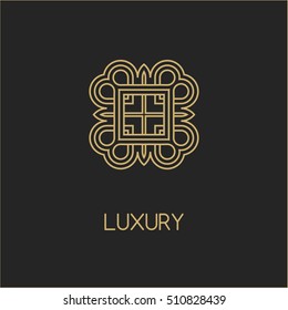 Ethnic elements of ancient civilizations. Vector logo design template and emblems in trendy linear style. Linear Gold emblem on a black  background. Logo template for Cafe, Hotel, Restaurant