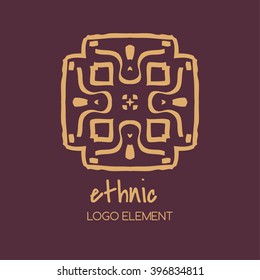 Ethnic elements. Vector  logo design template and emblems in trendy linear style. Linear Gold emblem on a colorfull  background. Logo template for Cafe, Hotel, Heraldic, Restaurant, Boutique