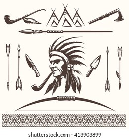 Ethnic elements vector. Native american indian or aztec arrows and borders