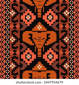 Ethnic Elephant with geometric Pixel Art Seamless Pattern.Vector design for fabric, carpet, clothing, embroidery, wallpaper, and background