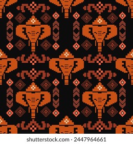 Ethnic Elephant with geometric Pixel Art Seamless Pattern.Vector design for fabric, carpet, clothing, embroidery, wallpaper, and background