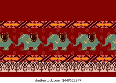 Ethnic Elephant with geometric Pixel Art Seamless Pattern.Vector design for fabric, carpet, clothing, embroidery, wallpaper, and background