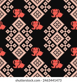 Ethnic Elephant with geometric Pixel Art Seamless Pattern.Vector design for fabric, carpet, clothing, embroidery, wallpaper, and background