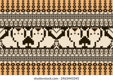 Ethnic Elephant with geometric Pixel Art Seamless Pattern.Vector design for fabric, carpet, clothing, embroidery, wallpaper, and background