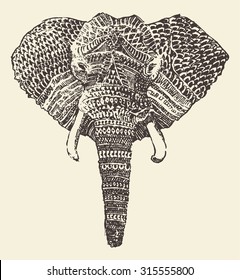 Ethnic elephant head,  engraving style, vintage illustration, hand drawn, sketch