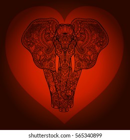 Ethnic elephant on heart background. Hand drawn vector sketch for adult anti-stress coloring page, T-shirt emblem, logo or tattoo with doodle, graphic design elements.