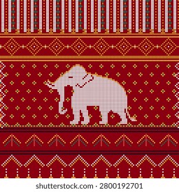 Ethnic Elephant Seamless Pattern Crimson Gold Hand Woven Cross Stitch Supplementary Weft Diamond Folk Textile Sarong Southeast Asian Vector