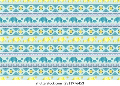 Ethnic Elephants Origami Style Seamless Pattern.  Vector design for fabric, tile, embroidery, carpet, background and wallpaper