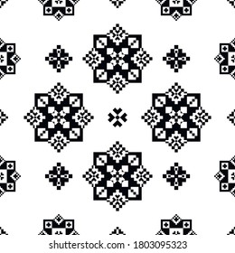 Patrón blanco y negro de bordado étnico. Decoración de flores geométricas. Creatividad de la gente eslava. Textura vectorial para tejidos, papel pintado y su diseño.