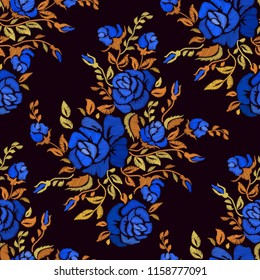 Ethnic embroidery blue rose flowers floral seamless pattern design. Fashion satin stitch stitches ornament on black for textile, fabric traditional folk decoration. Vector illustration stock vector.