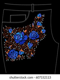 Ethnic embroidery blue rose flowers floral design for trousers. Fashion satin stitch stitches ornament on black for textile, fabric traditional folk decoration. Vector illustration stock vector.