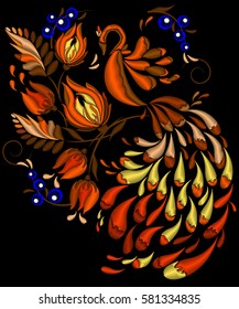 Ethnic embroidery cutout flower floral design graphic fashion clothes. Yellow, golden bird, the peacock. Seams. Illustration EPS10