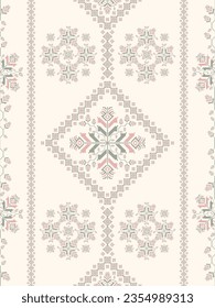 Ethnic embroidery floral geometric colorful pattern. Vector geometric floral shape seamless pattern pixel art style. Ethnic floral cross stitch pattern use for fabric, textile, wallpaper, upholstery.