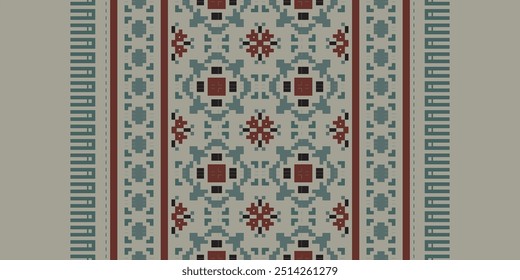 Patrón geométrico de bordado étnico. Estilo geométrico del arte del pixel del patrón inconsútil de la puntada floral cuadrada. Uso geométrico étnico del patrón de la puntada para la tela, materia textil, Elementos de la decoración casera,