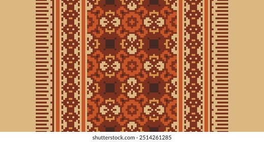 Ethnic embroidery geometric pattern. Geometric square floral stitch seamless pattern pixel art style. Ethnic geometric stitch pattern use for fabric, textile, home decoration elements,