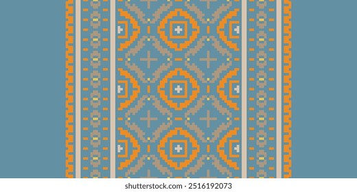 Ethnic embroidery geometric pattern. Geometric square floral stitch seamless pattern pixel art style. Ethnic geometric stitch pattern use for fabric, textile, home decoration elements,