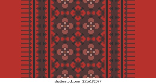 Ethnic embroidery geometric pattern. Geometric square floral stitch seamless pattern pixel art style. Ethnic geometric stitch pattern use for fabric, textile, home decoration elements,